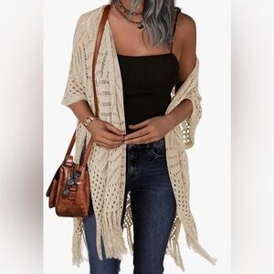 Umgee Cream NWT S CROCHET SHORT SLEEVE BOHO Open-Front LONG COVERUP Cardigan